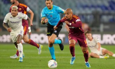 Roma's Donyell Malen in action during the Italian Serie A soccer match between Roma and Fiorentina in Rome, Monday, May 4, 2026. (AP Photo/Gregorio Borgia)