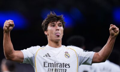 Real Madrid's Gonzalo Garcia celebrates after scoring the opening goal during the Spanish La Liga soccer match between Real Madrid and Real Oviedo in Madrid, Spain, Thursday, May 14, 2026. (AP Photo/Manu Fernandez)