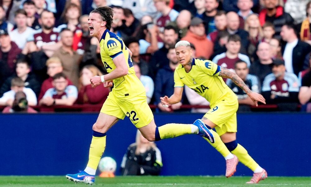 Tottenham's Conor Gallagher, left, celebrates scoring their side's first goal during the English Premier League soccer match between Aston Villa and Tottenham Hotspur in Birmingham, England, Sunday, May 3, 2026. (Nigel French/PA via AP)