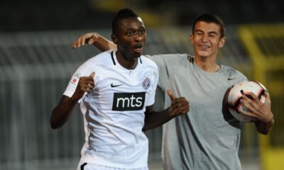 UMAR SADIQ Umar Sadik, fudbaler Partizana, proslavlja gol na prvenstvenoj utakmici protiv TSC, na stadionu JNA. Belgrade, 01.09.2019. foto: Nebojsa Parausic Fudbal, Partizan, TSC Backa Topola, Radost