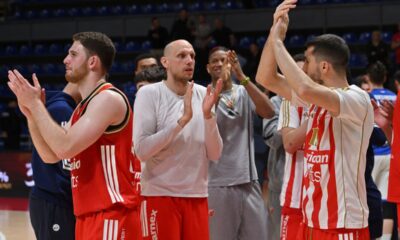 FILIP SKOBALJ, DEJAN DAVIDOVAC, OGNJEN DOBRIC RADOST kosarkasa Crvene zvezde na utakmici prvenstva Srbije KLS protiv Zlatibora u hali Aleksandar Nikolic Pionir, Beograd 29.04.2026. godine Foto: Marko Metlas Kosarka, Crvena zvezda, Prvenstvo Srbije, Zlatibor