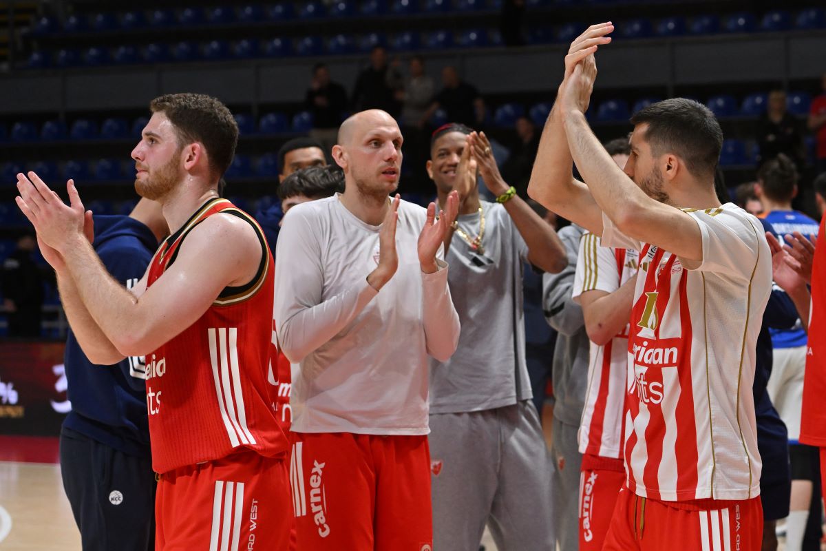 FILIP SKOBALJ, DEJAN DAVIDOVAC, OGNJEN DOBRIC RADOST kosarkasa Crvene zvezde na utakmici prvenstva Srbije KLS protiv Zlatibora u hali Aleksandar Nikolic Pionir, Beograd 29.04.2026. godine Foto: Marko Metlas Kosarka, Crvena zvezda, Prvenstvo Srbije, Zlatibor