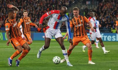 Crystal Palace's Jean-Philippe Mateta in action during the Conference League semi-final, first leg soccer match between Shakhtar and Crystal Palace in Krakow, Poland, Thursday, April 30, 2026. (AP Photo/Beata Zawrzel)