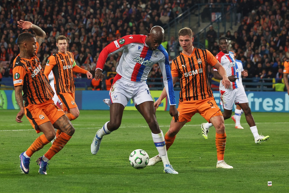 Crystal Palace's Jean-Philippe Mateta in action during the Conference League semi-final, first leg soccer match between Shakhtar and Crystal Palace in Krakow, Poland, Thursday, April 30, 2026. (AP Photo/Beata Zawrzel)