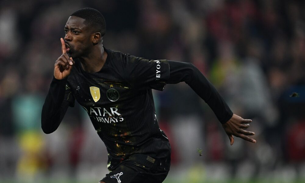 PSG's Ousmane Dembele celebrates after scoring their first goal during the Champions League semifinal second leg soccer match between Bayern Munich and Paris Saint Germain in Munich, Germany, Wednesday, May 6, 2026. (Sven Hoppe/dpa via AP)