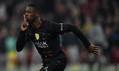 PSG's Ousmane Dembele celebrates after scoring their first goal during the Champions League semifinal second leg soccer match between Bayern Munich and Paris Saint Germain in Munich, Germany, Wednesday, May 6, 2026. (Sven Hoppe/dpa via AP)