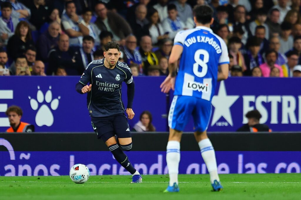 Real Madrid's Federico Valverde in action during the La Liga soccer match between Espanyol and Real Madrid in Barcelona Spain, Sunday, May 3, 2026. (AP Photo/)