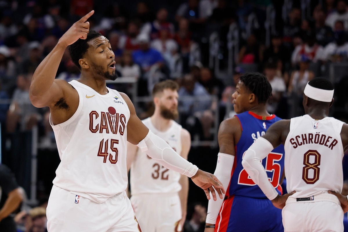 Cleveland Cavaliers guard Donovan Mitchell (45) celebrates as he walks off the court during the fourth quarter of Game 7 in a second-round NBA basketball playoffs series against the Detroit Pistons, Sunday, May 17, 2026, in Detroit. (AP Photo/Duane Burleson)