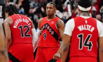 Toronto Raptors' RJ Barrett (9) celebrates a basket against the Cleveland Cavaliers during overtime of Game 6 in the first round of an NBA basketball playoffs series in Toronto on Friday, May 1, 2026. (Frank Gunn/The Canadian Press via AP)