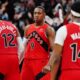Toronto Raptors' RJ Barrett (9) celebrates a basket against the Cleveland Cavaliers during overtime of Game 6 in the first round of an NBA basketball playoffs series in Toronto on Friday, May 1, 2026. (Frank Gunn/The Canadian Press via AP)