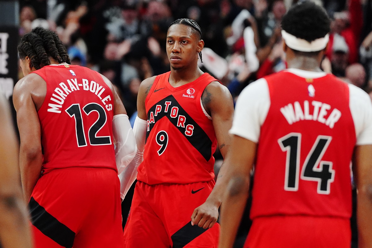 Toronto Raptors' RJ Barrett (9) celebrates a basket against the Cleveland Cavaliers during overtime of Game 6 in the first round of an NBA basketball playoffs series in Toronto on Friday, May 1, 2026. (Frank Gunn/The Canadian Press via AP)